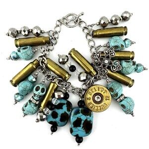 Gothic Charm Bracelet Bullet Casing Skull Charms Turquoise Look 8”